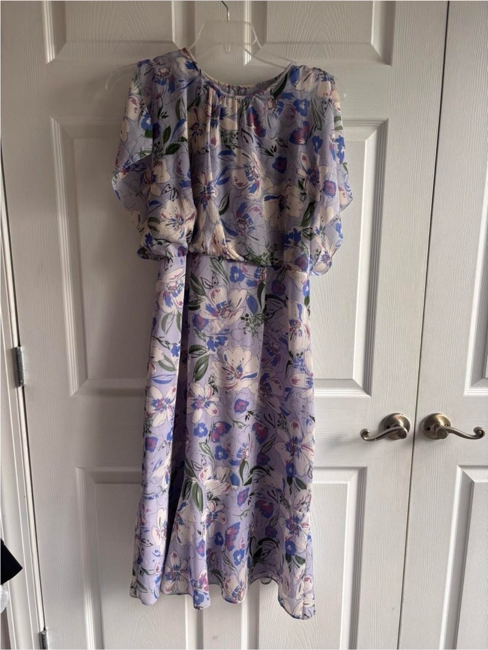 Ann Taylor Lavender Floral Midi Dress with Puff Sleeves
